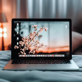 Floral Laptop Screen in a Softly Lit Interior