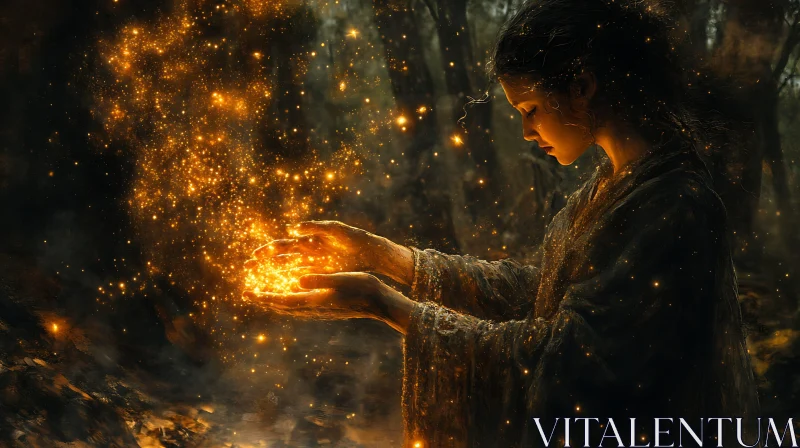 Mystical Woman Holding Light in Forest AI Image