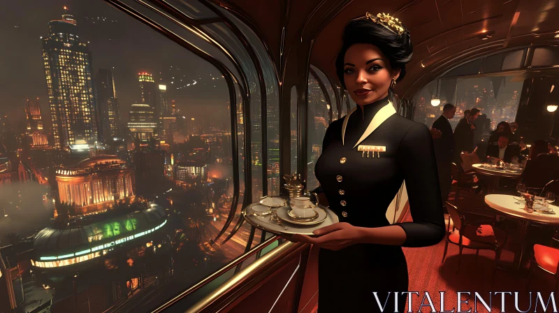 Sophisticated Waitress and Futuristic City View AI Image