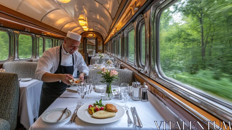 Gourmet Meal Served in Train's Dining Car AI Image