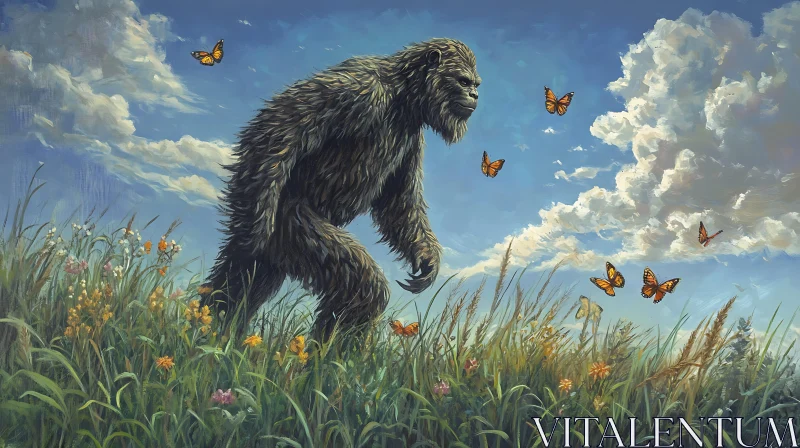 AI ART Sasquatch and Butterflies in a Field