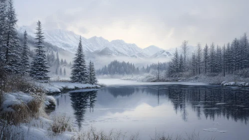 Peaceful Winter Wonderland with Misty Mountains