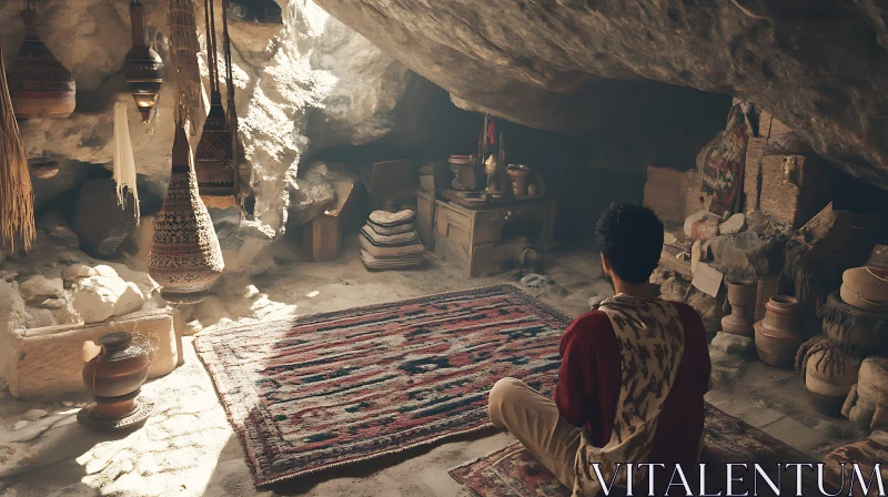 Man in Cave with Traditional Decor AI Image