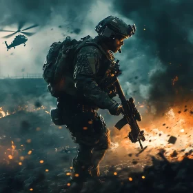 Soldier in Combat Zone with Helicopter