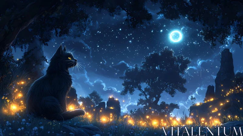 Mystical Cat in Moonlit Glade AI Image