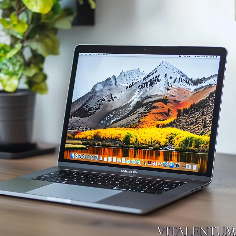 Laptop with Beautiful Mountain Display AI Image