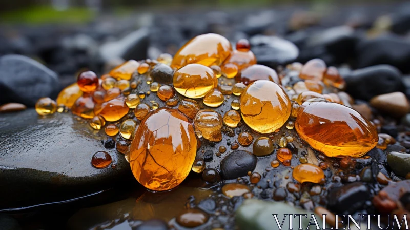 Amber Drops in Nature: A Close-Up Journey into Geological Wonders AI Image