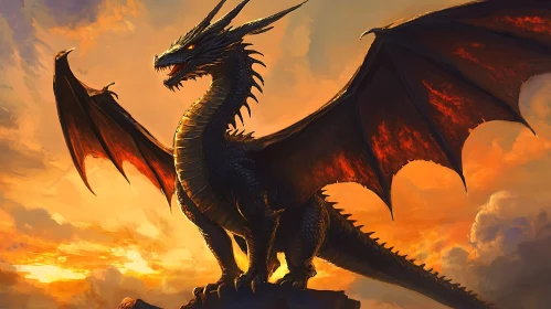 Dragon Silhouette against Fiery Sky