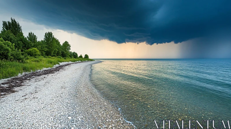 AI ART Seascape with Dark Clouds and Pebble Beach