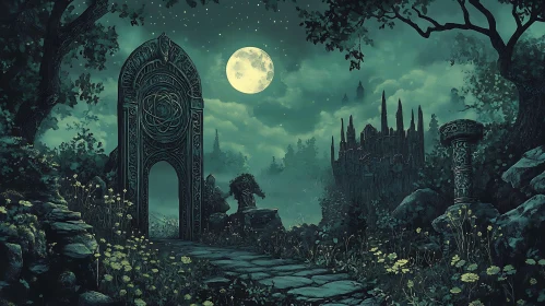 Moonlit Stone Portal and Distant Castle
