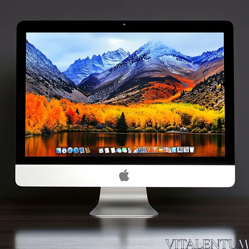 IMac Showcasing Scenic Mountain and Forest Landscape AI Image