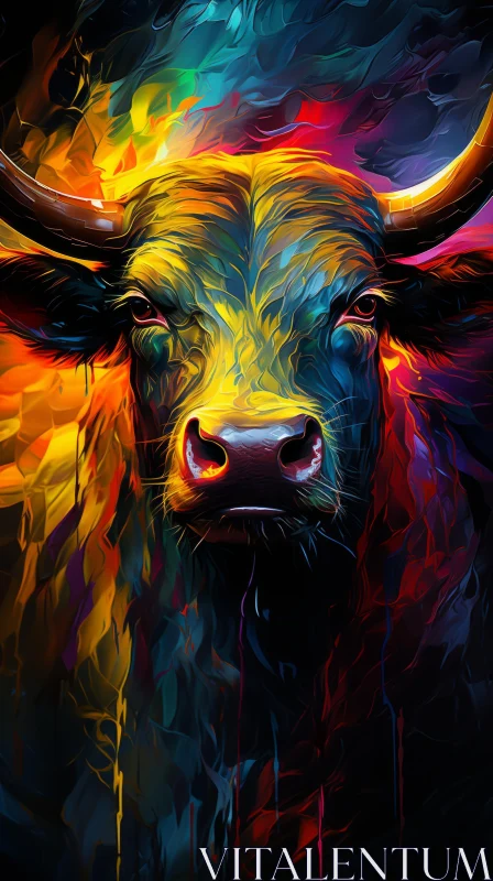 Colorful Digital Art Painting of a Bull with Strong Expression AI Image