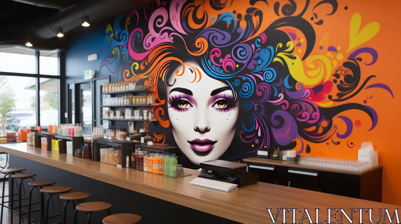 Colorful Mural on Cafe Counter: A Fusion of Ink and Color AI Image