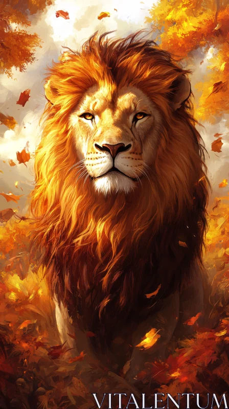 Regal Lion Amidst Fall Leaves AI Image