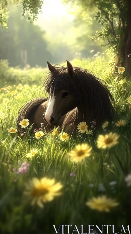 Peaceful Horse Among Flowers AI Image