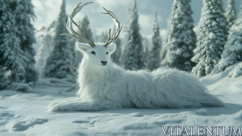 Snowy Deer Resting in Winter Wonderland AI Image