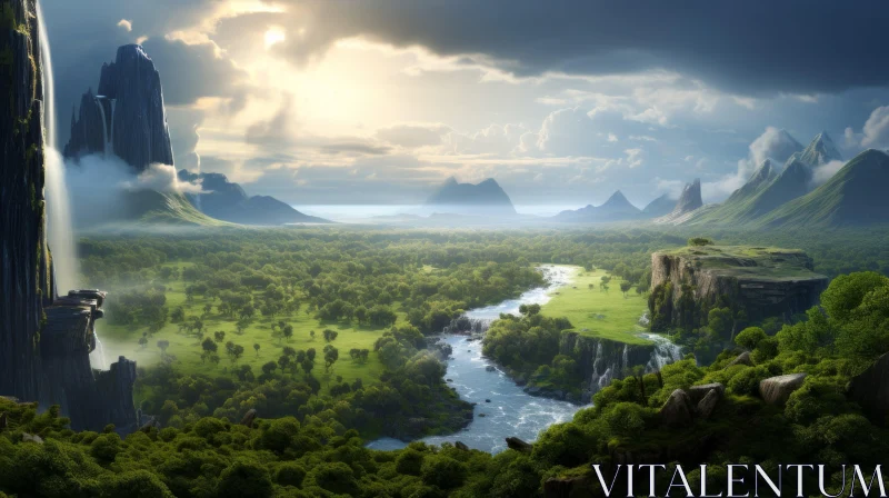 Fantasy Landscape with Waterfall and Tropical Scenery AI Image