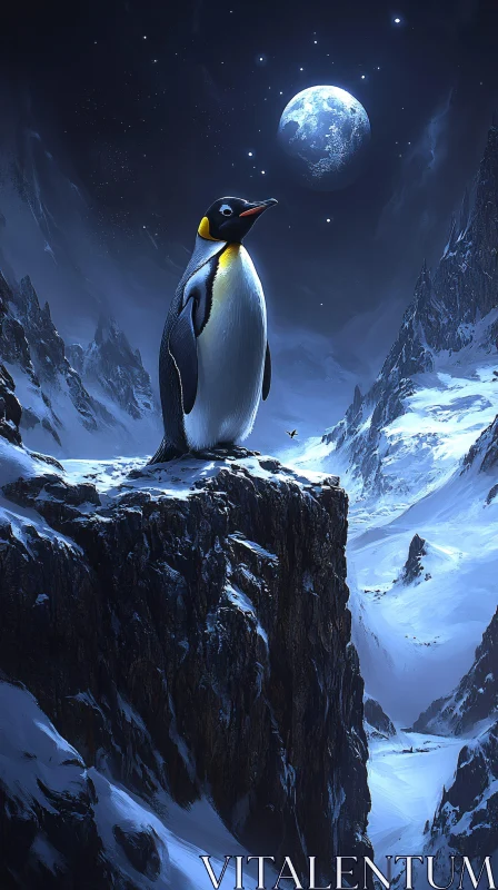 Penguin in Moonlit Wilderness AI Image