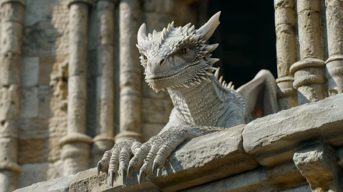 Majestic White Dragon - 3D Rendering on Stone Ledge
