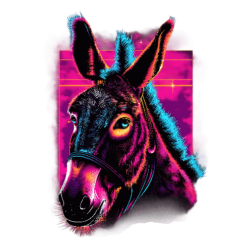 Retro Neon Donkey Head Illustration with Blue Mane