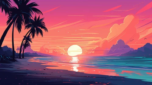 Serene Beach Sunset with Palm Trees - 2D Game Art Illustration