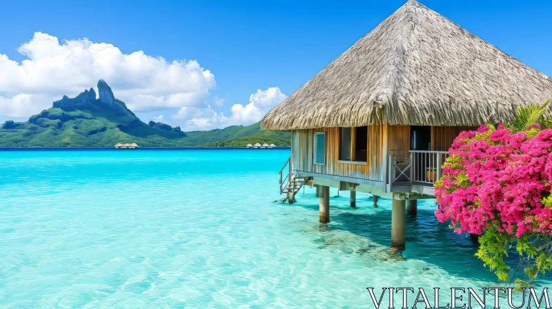 Serene Oceanic Vista with Beautiful Bungalows on a Tropical Island AI Image