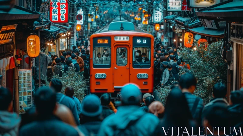 Vibrant Japanese Street with Red Metro Train | Y2K Aesthetic AI Image