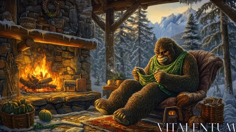 AI ART Cozy Winter Scene with Knitting Bigfoot