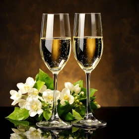 Sparkling Wine and White Flowers Still Life