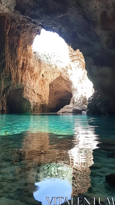 AI ART Sunlit Cave with Brilliant Water Reflections