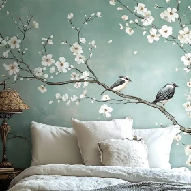 Tranquil Bedroom Decor with Bird and Blossom Wall Art