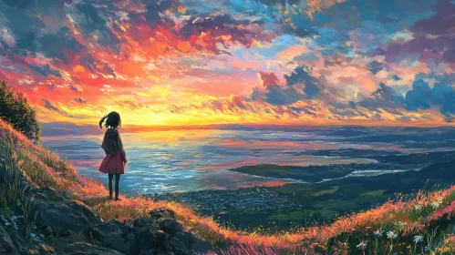 Girl Admiring Sunset Landscape Painting