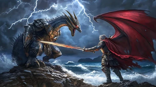 Dragon and Knight Clash on the Coast