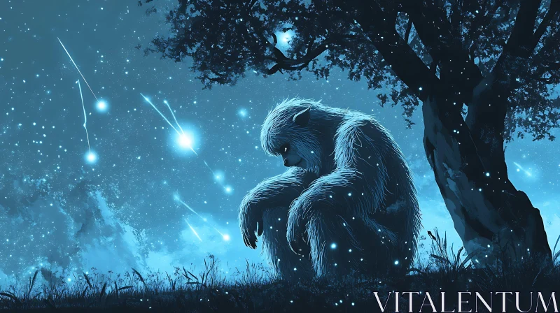 AI ART Melancholy Creature Gazing at Shooting Stars