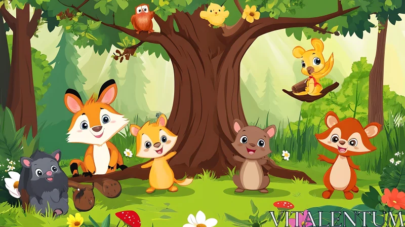 Cute Forest Creatures in Cartoon Art AI Image