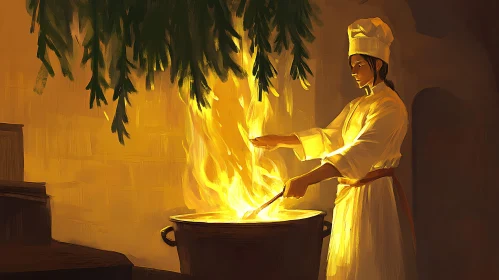 Culinary Art: Chef and Fiery Cauldron