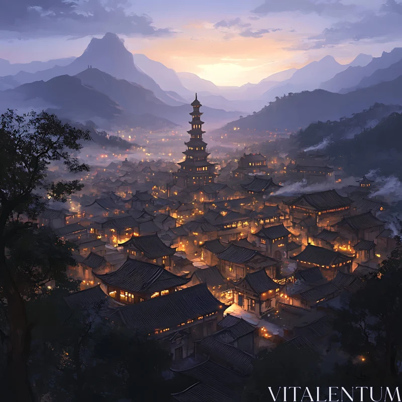 Sunrise Over Mountain Cityscape with Pagoda AI Image