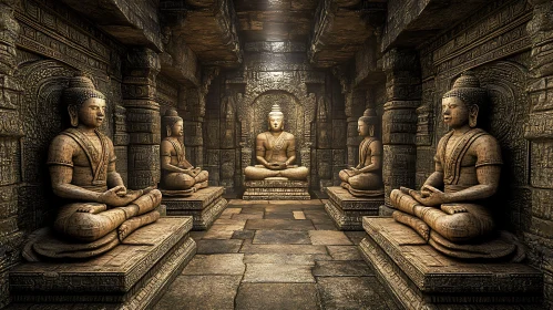 Meditative Stone Buddhas in Temple Interior
