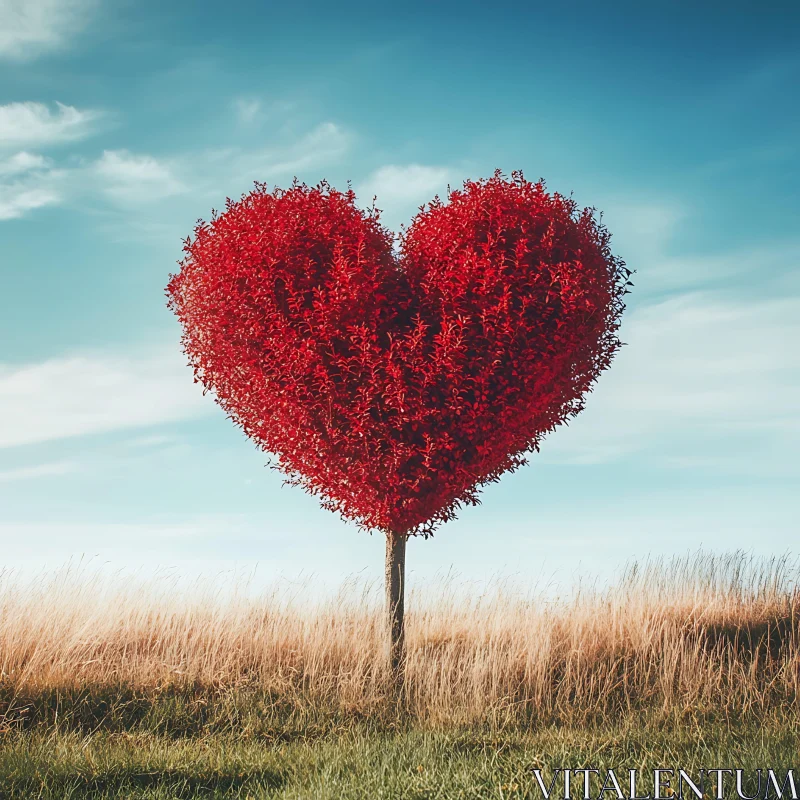 AI ART Red Heart Tree in Golden Field