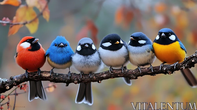 Six Colorful Birds on a Branch AI Image