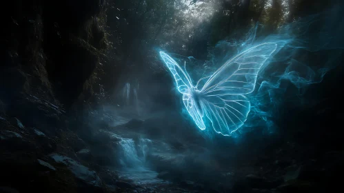 Glowing Butterfly Near Waterfall