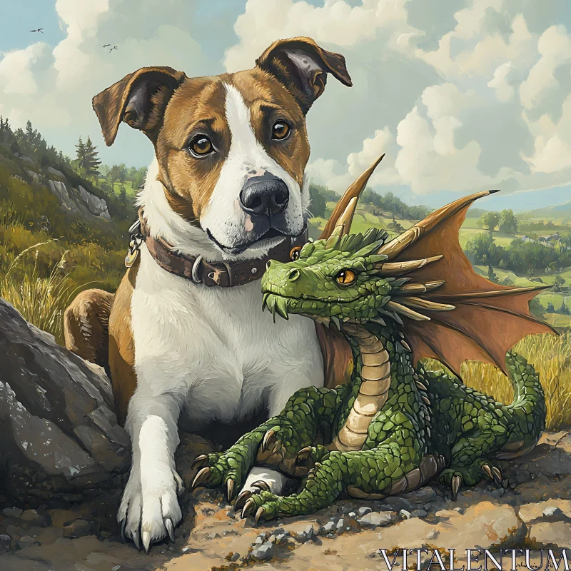 AI ART Fantasy Friends: Dog and Dragon Together