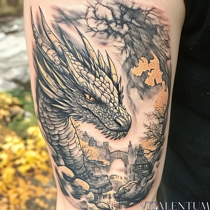 AI ART Fantasy Dragon Tattoo with Castle View