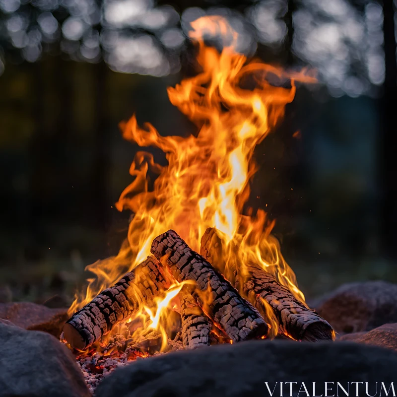 Vivid Outdoor Campfire with Glowing Flames AI Image