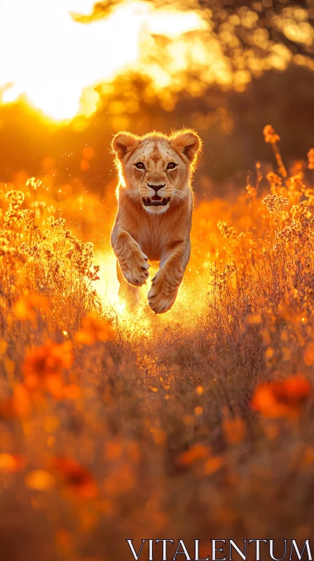 Playful Lion Cub in Sunset Glow AI Image