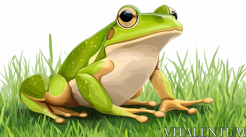 Green Frog Illustration on Grass AI Image