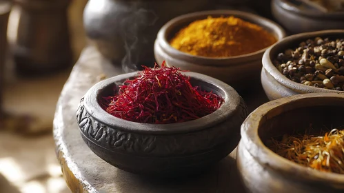 Rustic Bowls of Saffron and Assorted Spices