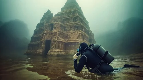 Underwater Temple Exploration with Diver