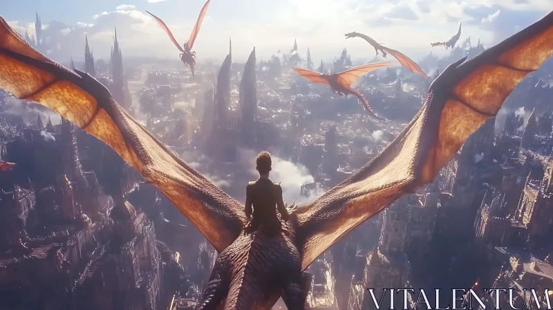 Aerial View: Dragon and Rider Above City AI Image