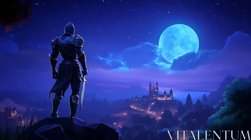 Moonlit Knight and Distant Castle AI Image